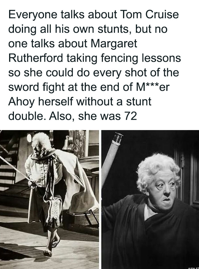 Black and white photos of Margaret Rutherford performing sword fight stunts at age 72 from classic film, super culture meme.
