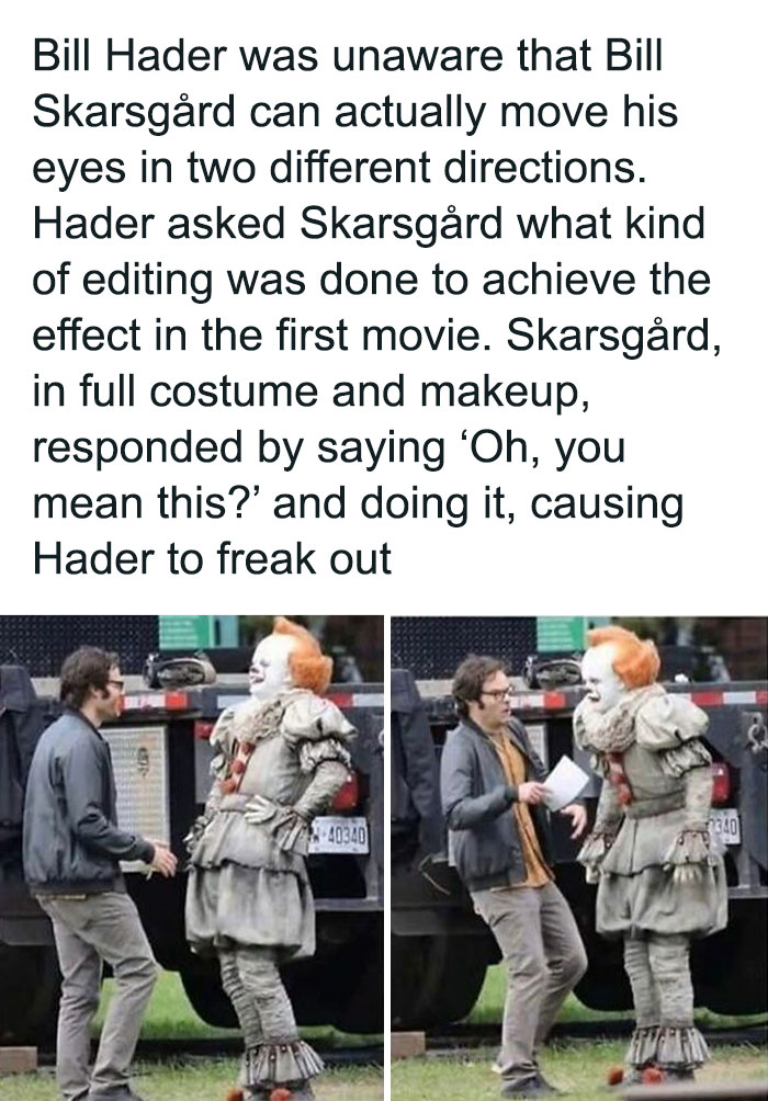 Actor Bill Skarsgård in full costume demonstrating eye movement trick, making Bill Hader visibly surprised in a funny moment.