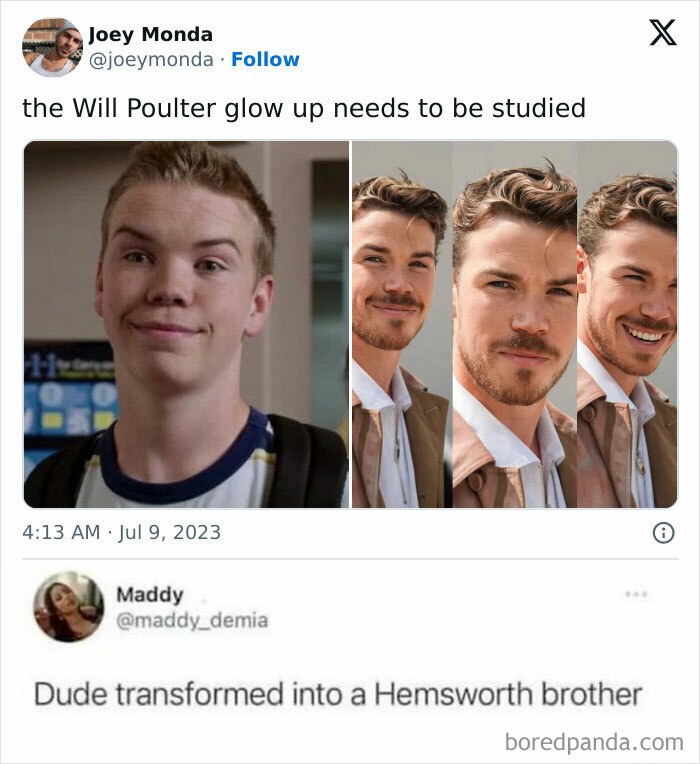 Side-by-side images showing Will Poulter's glow up transformation, featured in super culture entertaining posts and memes.