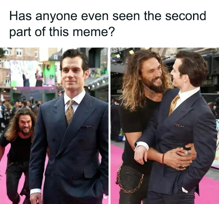 Two photos showing a funny interaction on a pink carpet, perfect for super culture entertaining memes and posts.