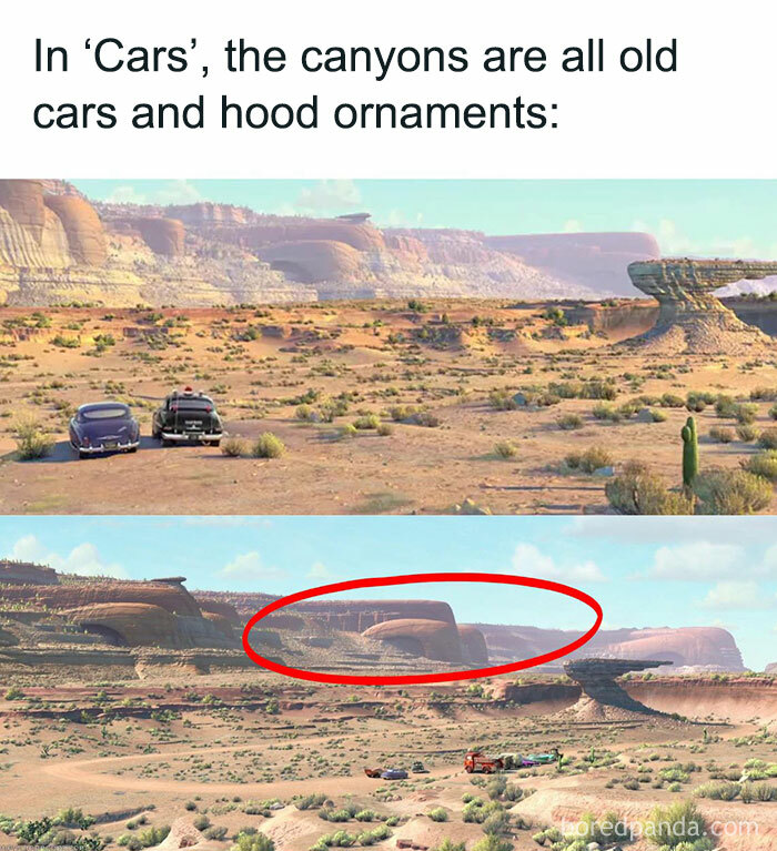 Desert canyon landscape from the movie Cars showing rock formations resembling old cars and hood ornaments super culture meme.