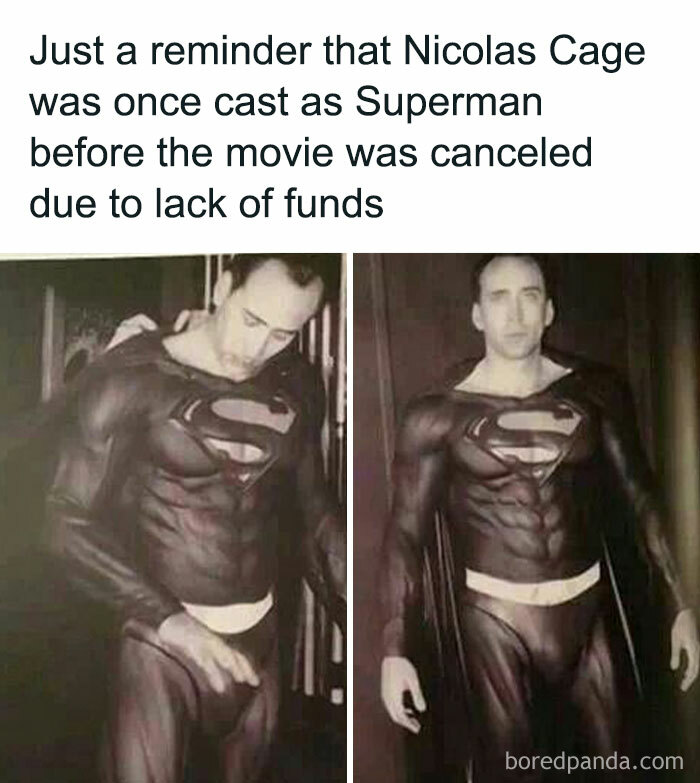 Nicolas Cage dressed as Superman in a black suit, featured in a super culture meme to fight boredom.