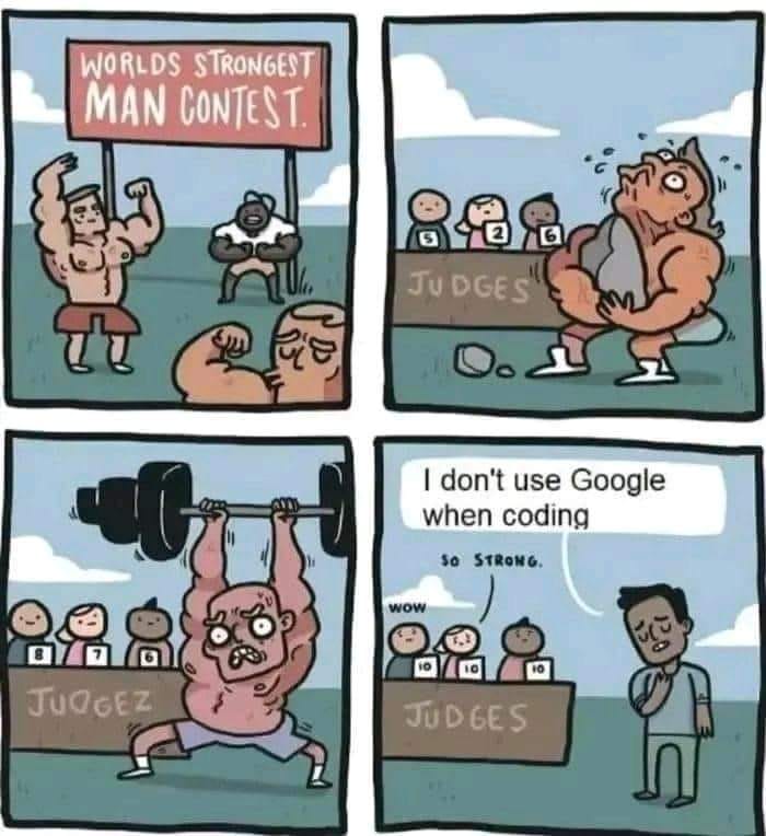 Cartoon comic showing a strongman contest with judges, humorously highlighting programmers and funny memes about coding challenges.