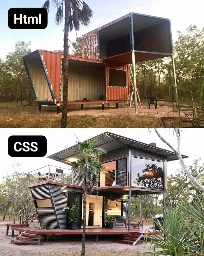 Comparison of two houses representing HTML and CSS concepts, illustrated with funny programmer memes about design coding.