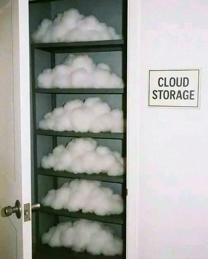 Shelf full of cotton clouds humorously labeled as cloud storage in a funny programmers meme about coding breaks.