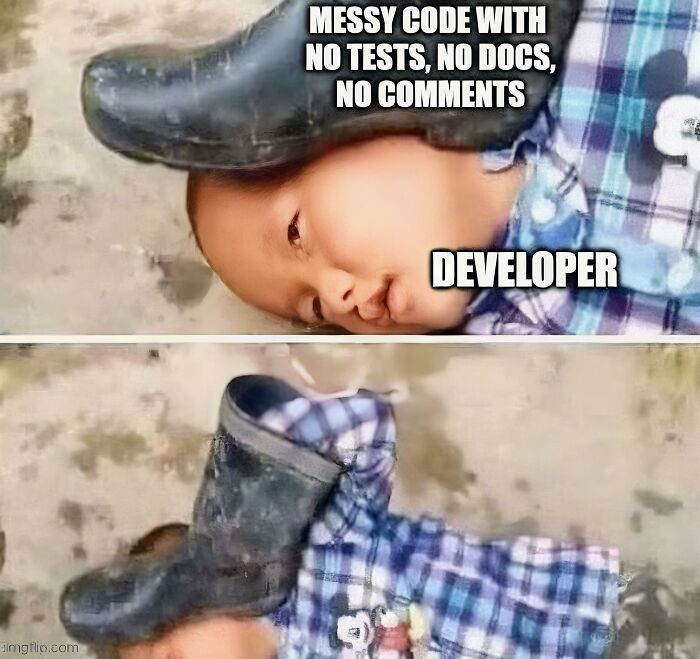 Baby with a boot on their head humorously representing messy code and developer frustration in programmer memes.
