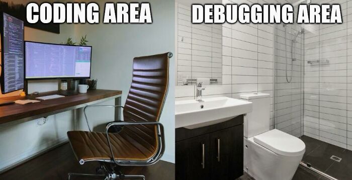 Home office setup with multiple monitors labeled coding area next to a bathroom labeled debugging area in a programmers meme