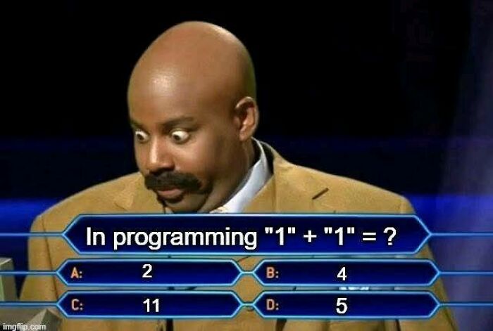 Man with surprised expression looking at a programming meme quiz about adding strings in funny programmer memes.
