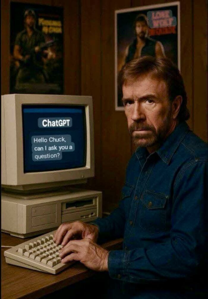 Man typing on vintage computer with ChatGPT message on screen, a humorous meme programmers created when not coding.