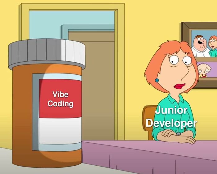 Animated scene showing a labeled pill bottle saying "Vibe Coding" and a character labeled "Junior Developer" at a table, representing funny programmer memes.