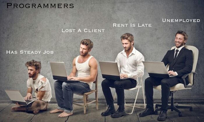Four men labeled as programmers in varying states from steady job to unemployed, each using a laptop, representing programmer memes.