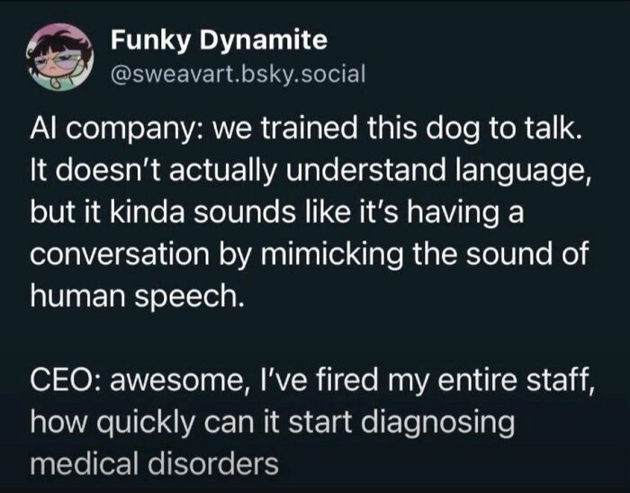 Programmers' funny meme about AI dog mimicking speech and CEO replacing staff with AI diagnosis.
