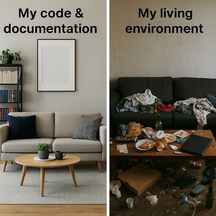 Clean and messy living rooms side by side illustrating programmers' humor in funny memes created when not coding.