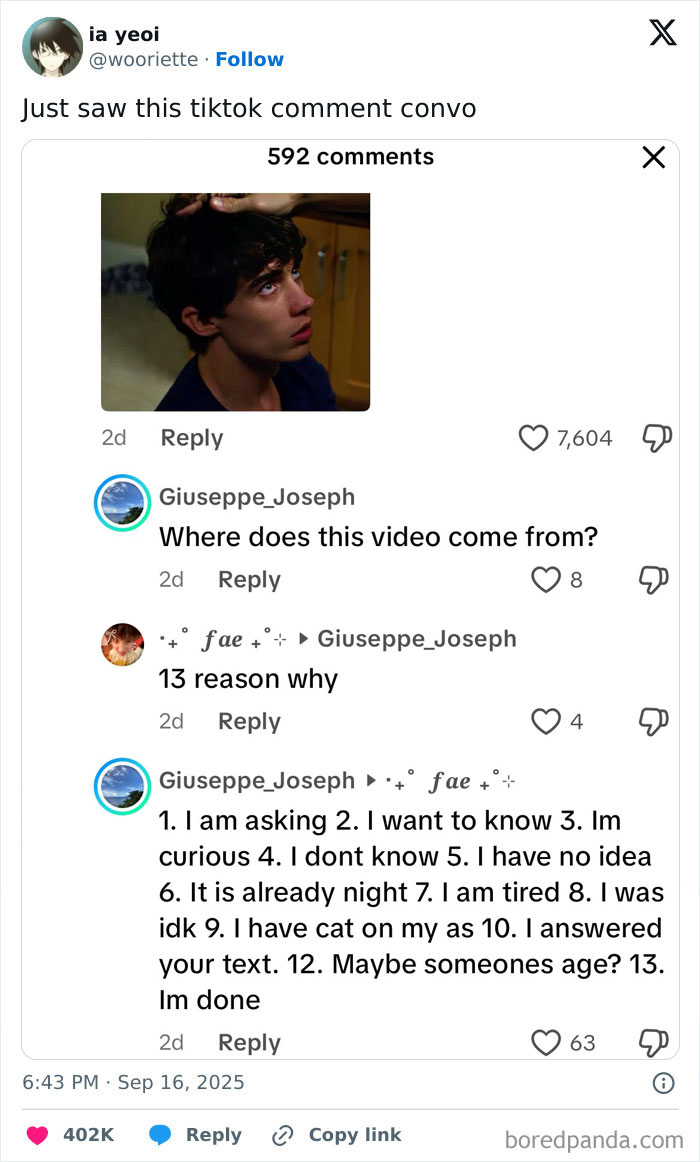 TikTok comment thread jokingly discussing a video source with humorous and curious responses in a lively comments section.