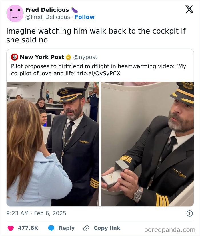 Tweet showing a pilot proposing midflight with comments reacting humorously, highlighting better engagement than the post.