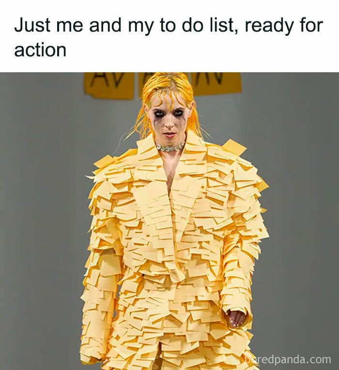 Person wearing a suit covered in yellow sticky notes with a caption about a to-do list, showcasing hilarious memes humor.