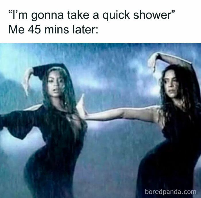 Two women dancing dramatically in the rain with text referencing taking a long shower in hilarious memes.