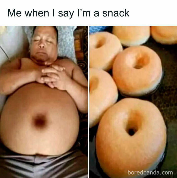 Man lying down with a large belly next to a tray of round donuts, a funny meme for hilarious memes and laughs.