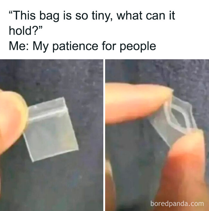 Tiny clear plastic bag held between fingers with humorous text about patience for people, showcasing funny memes.