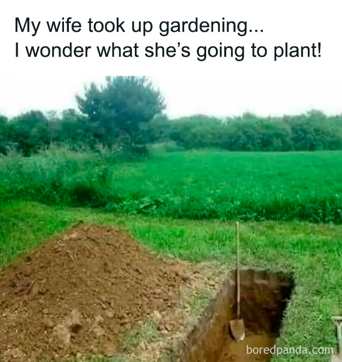 Large hole dug in a garden field with a shovel, captioned as a humorous gardening meme for hilarious memes SEO.