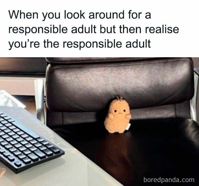 Plush toy on office chair with keyboard beside it, illustrating a hilarious meme about being the responsible adult.
