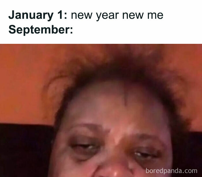 Tired person with messy hair illustrating contrast between January 1 resolutions and September reality in hilarious memes.