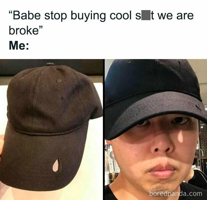 Man wearing a black cap with a hole, humorously illustrating hilarious memes about being broke and buying cool stuff.