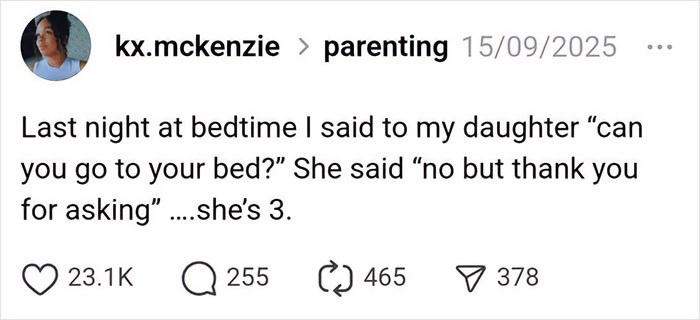 Social media post about parenting humor with a funny bedtime exchange between parent and 3-year-old child.