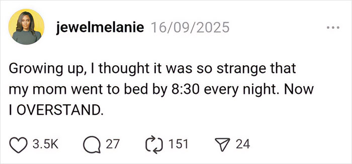 Social media parenting post humor about early bedtimes and relatable moments shared by parents.