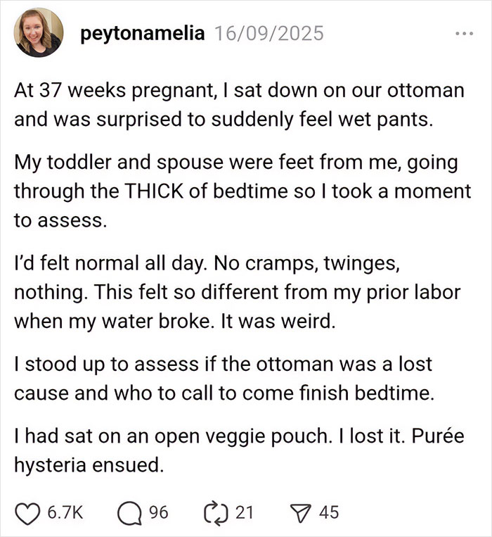 Social media post by a pregnant parent sharing a humorous parenting moment involving a toddler and bedtime chaos.
