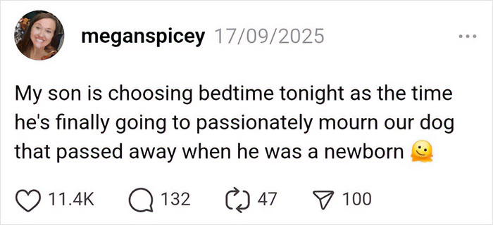 Parenting post about a son choosing bedtime to mourn a dog lost in infancy, highlighting funny parenting moments.