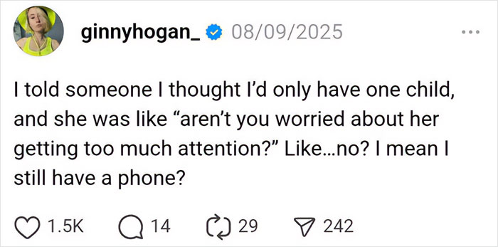 Parenting post humor about having one child and phone distractions in a funny parenting social media comment.