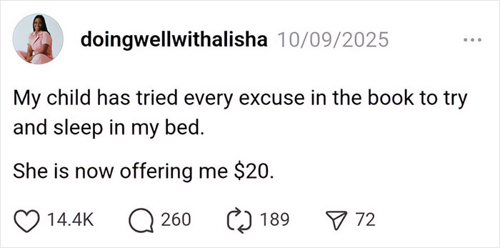 Parenting post showing a humorous tweet about a child offering money to sleep in parent's bed, illustrating funny parenting moments.