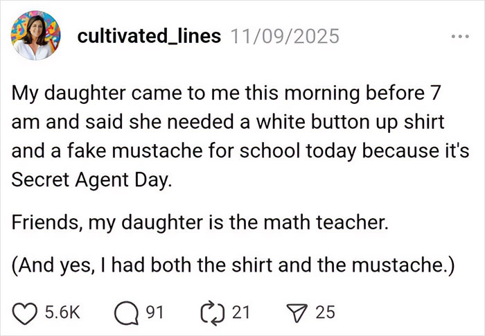 Screenshot of a parenting post about a daughter needing a fake mustache and shirt for Secret Agent Day at school.