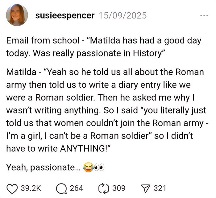 Parenting post showing a humorous school email and a child's witty excuse about the Roman army and writing a diary entry.
