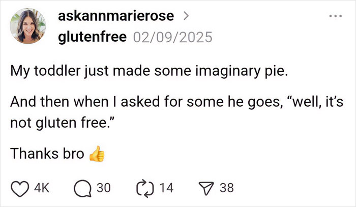 Screenshot of a parenting post about a toddler making imaginary pie, highlighting humorous parenting moments.