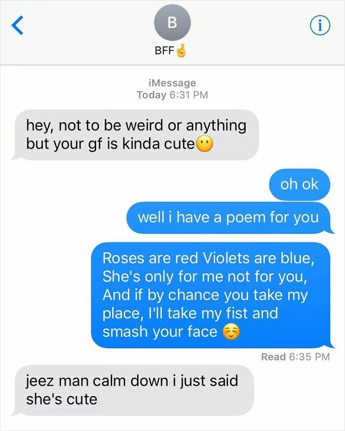 Text message exchange where one friend calls the other's girlfriend cute, leading to a funny poetic response.