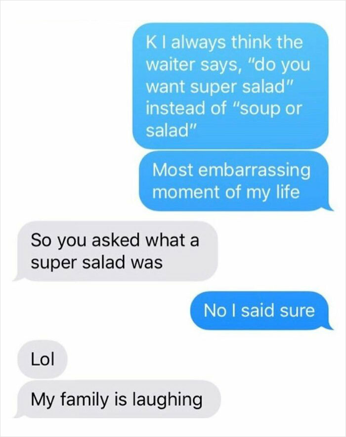 Text message conversation humor about confusing super salad with sure, included in funny texts that might make you laugh.