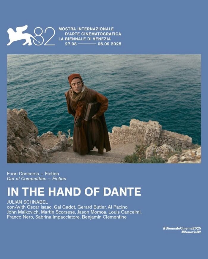A promotional image for Venice Film Festival featuring a character from In the Hand of Dante with ocean steps background.