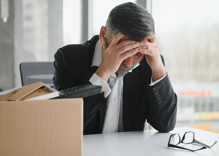 Stressed employee sitting at desk with packed box after being laid off, representing employee and client poaching conflict.
