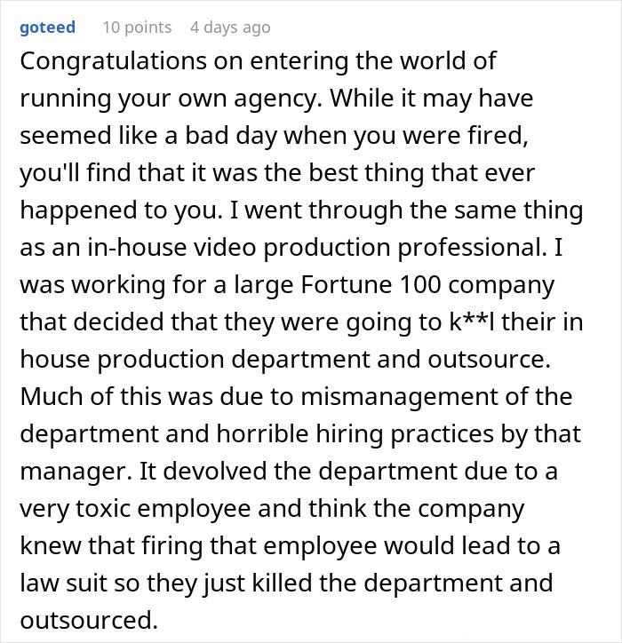 User comment screenshot discussing experiences after being laid off and starting an agency, highlighting employee laid off and client poaching impact.