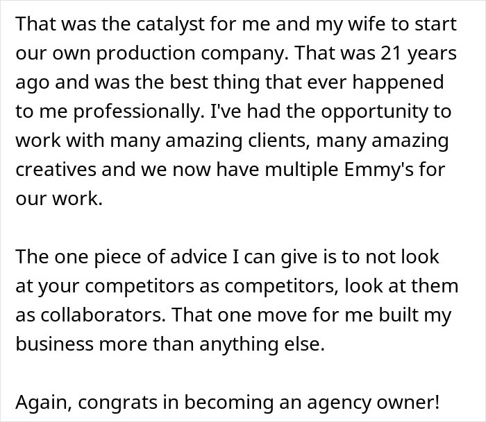 Text excerpt discussing career growth after being laid off and success in acquiring major clients post-layoff.