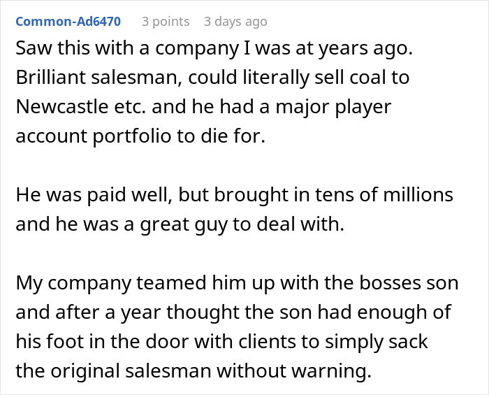 Text post about a top employee getting laid off then poaching company&rsquo;s biggest client after being replaced by boss&rsquo;s son.