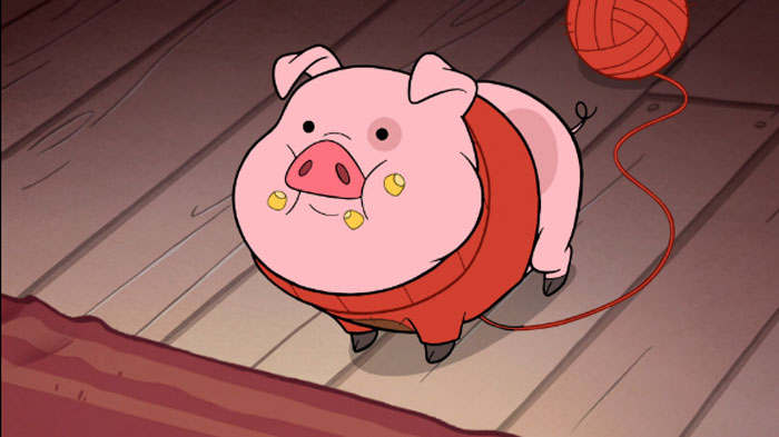 Animated pig wearing a red sweater with popcorn on its face, symbolizing drama about bro&rsquo;s girlfriend eating food.