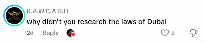 Comment on social media questioning knowledge of Dubai laws, discussing glamorous law student facing prison sentence.