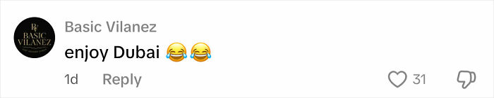 Comment saying enjoy Dubai with laughing emojis on a social media post about glamorous law student sentenced in Dubai prison.