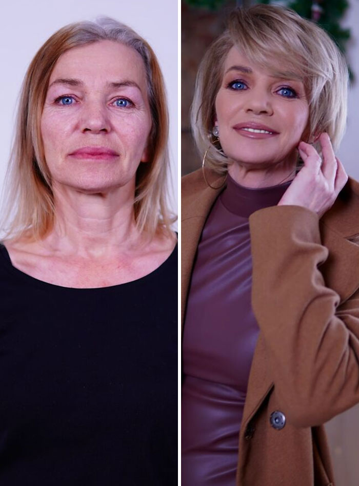 Side-by-side before and after photos of a woman transformed by makeup to look like Hollywood stars.