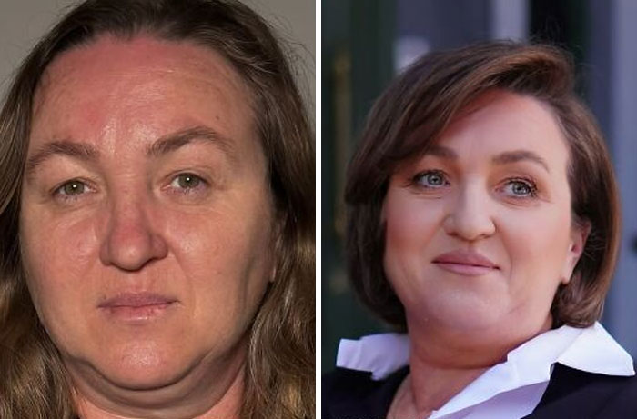 Before and after images of a woman transformed by makeup at a studio, resembling Hollywood stars.