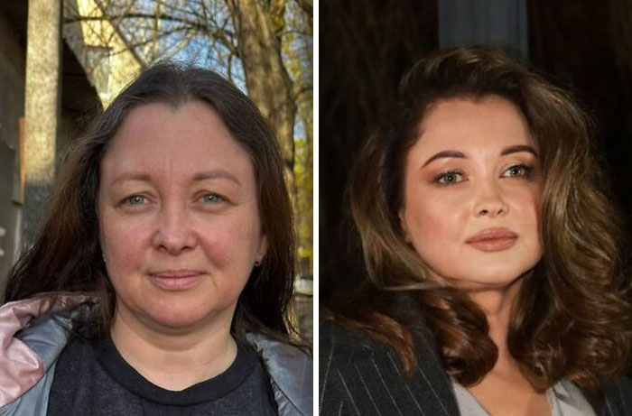 Before and after images of a woman transformed at a makeup studio to look like Hollywood stars using expert makeup techniques.