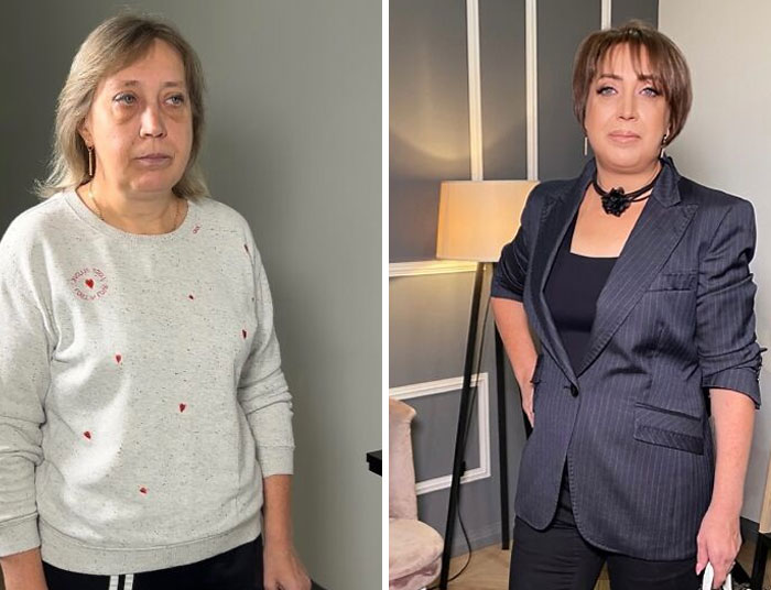 Before and after makeup transformation of a woman at a makeup studio looking like Hollywood stars.